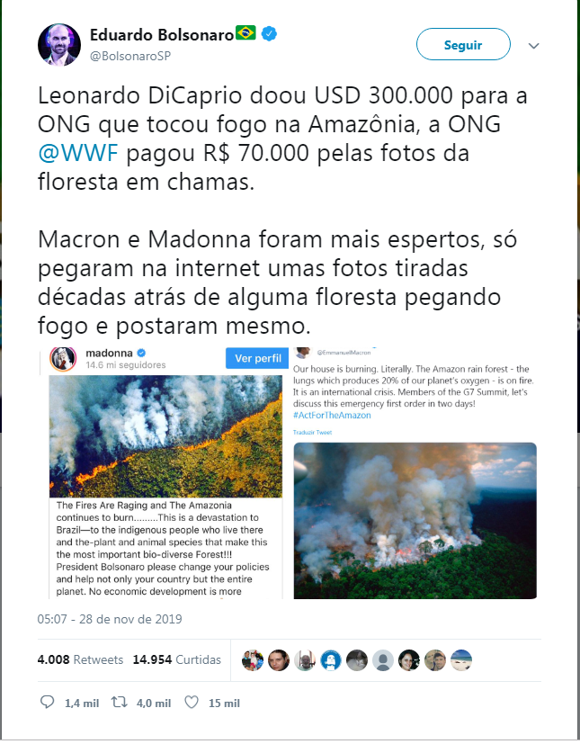 Com tamanha irresponsabilidade, Eduardo Bolsonaro arguiu maldosamente sobre doação.