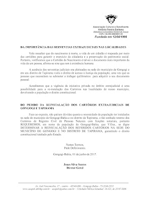 GONGOGI: Cartórios de Gongogi e Tapirama tem reivindicação expressa no TJBA pela ACAPEB