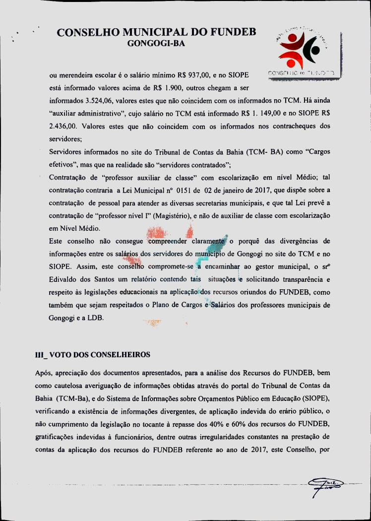 Documento original do Conselho opina pela reprovação das contas do exercício de 2017