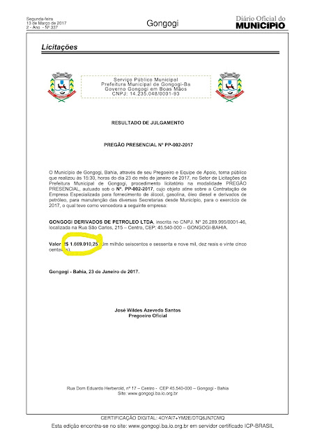 GONGOGI: Farra dos combustíveis - prefeito gastará quase 2 milhões em 2017